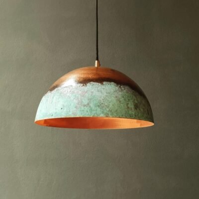 Oxidized Copper Dome Pendant Light – Green Patina Farmhouse Hanging Kitchen Island Lamp for Decoration