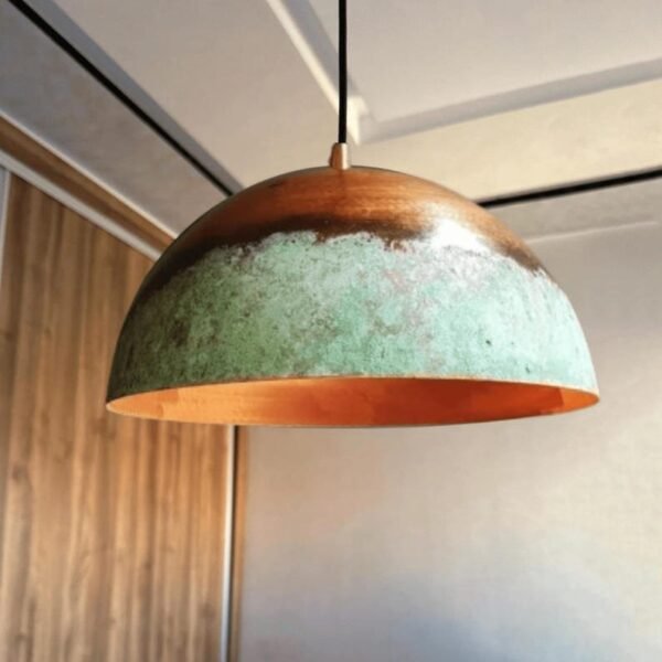 Handmade Two-Tone Green Patina Copper Dome Pendant Light