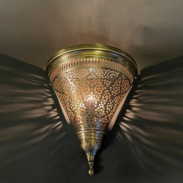 Handmade Moroccan Brass Cone Wall Sconce – Artisan Cutout Lamp with Antique Finish, Decorative Light Handmade Moroccan Brass Cone Wall Sconce – Artisan Cutout Lamp with Antique Finish, Decorative Light
