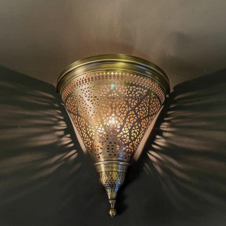 Handmade Moroccan Brass Cone Wall Sconce – Artisan Cutout Lamp with Antique Finish, Decorative Light