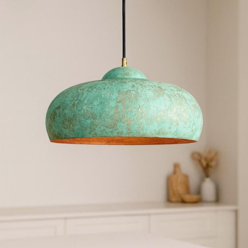 Oxidized Copper Pendant Light β Green Patina Brass Ceiling Lamp, Handmade Kitchen Island Lighting, Rustic Dining Room Decor Oxidized Copper Pendant Light β Green Patina Brass Ceiling Lamp, Handmade Kitchen Island Lighting, Rustic Dining Room Decor