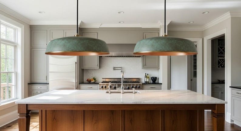 products-DiningRoomLight1 Green Patina Brass Drum Pendant Light Modern Dining Room Lamp