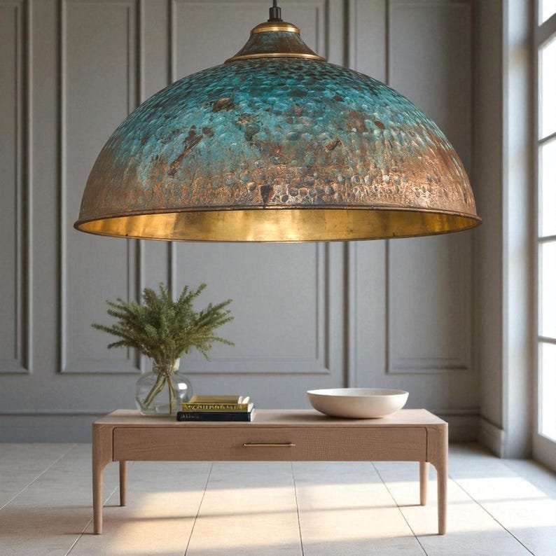 Rustic Patina Dome Pendant Light: Industrial Brass Hanging Lamp Rustic Patina Dome Pendant Light: Industrial Brass Hanging Lamp