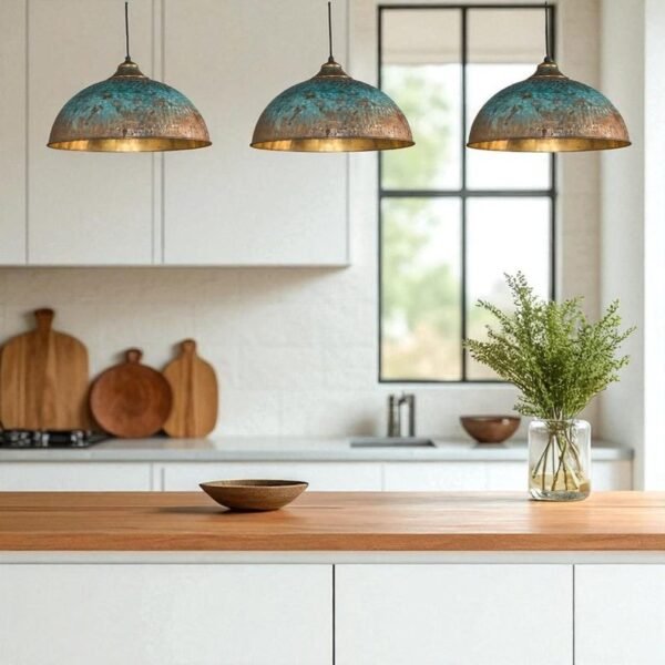 Set of 3 Patina Copper Dome Pendant Lights
