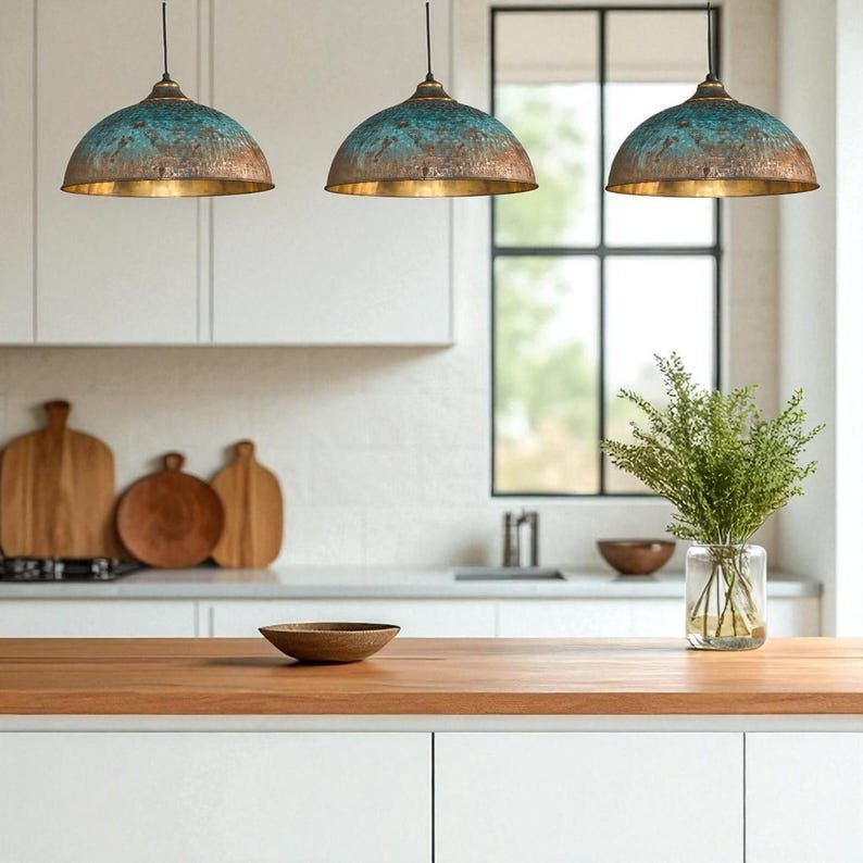 products-DomePendantLight4 Set of 3 Patina Copper Dome Pendant Lights