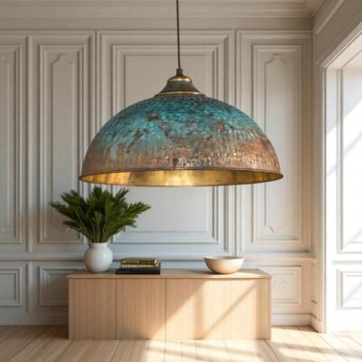 Rustic Patina Dome Pendant Light: Industrial Brass Hanging Lamp Rustic Patina Dome Pendant Light: Industrial Brass Hanging Lamp