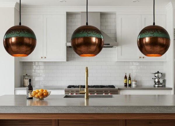 products-EleganceforYourSpace1 Green Patina Copper Globe Pendant Light Handmade Oxidized Ceiling Lamp