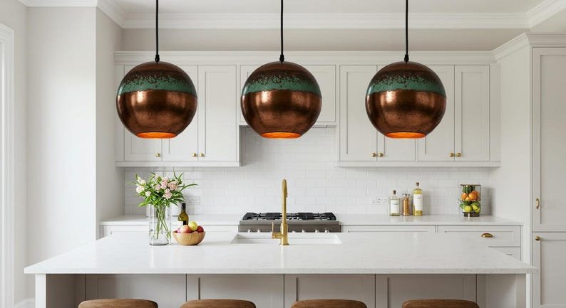 Green Patina Copper Pendant Light, Industrial Copper dome Light, Rustic chandelier, Hanging kitchen island Light, Pendant Light Fixture