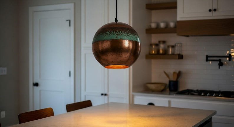 Green Patina Copper Pendant Light, Industrial Copper dome Light, Rustic chandelier, Hanging kitchen island Light, Pendant Light Fixture