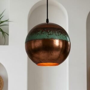 Green Patina Copper Globe Pendant Light Handmade Oxidized Ceiling Lamp