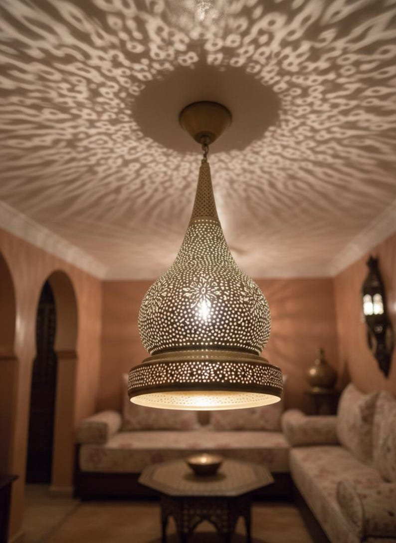 Handmade Moroccan Brass Pendant Light: Exotic Ceiling Lamp