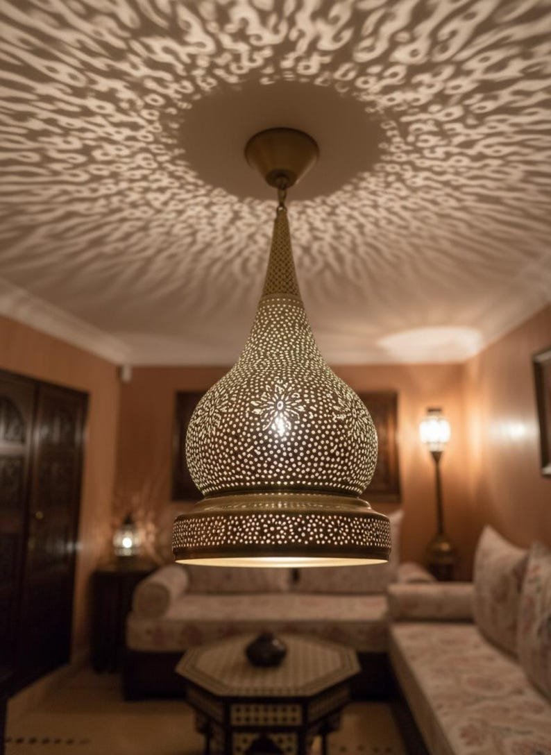 Handmade Moroccan Brass Pendant Light: Exotic Ceiling Lamp