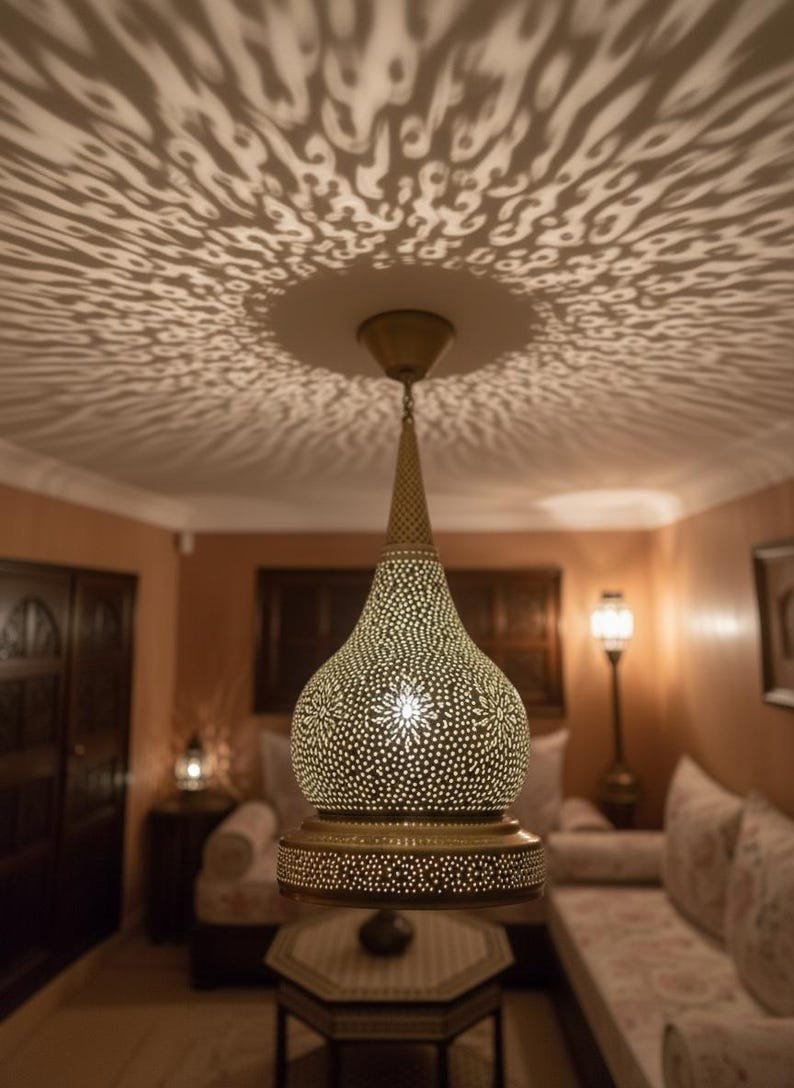 Handmade Moroccan Brass Pendant Light: Exotic Ceiling Lamp