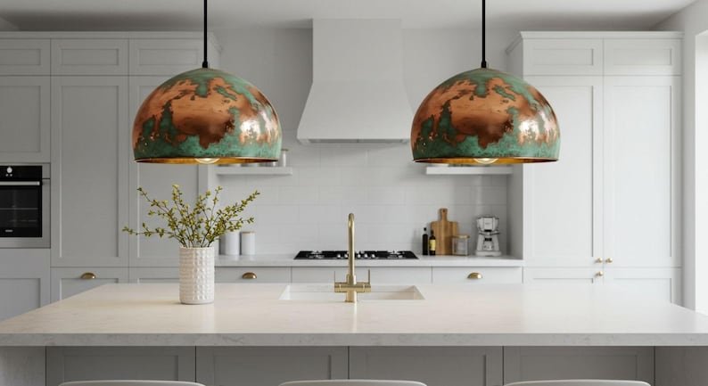 Green Patina Copper Dome Pendant Light - Rustic Farmhouse Lighting Green Patina Copper Dome Pendant Light - Rustic Farmhouse Lighting