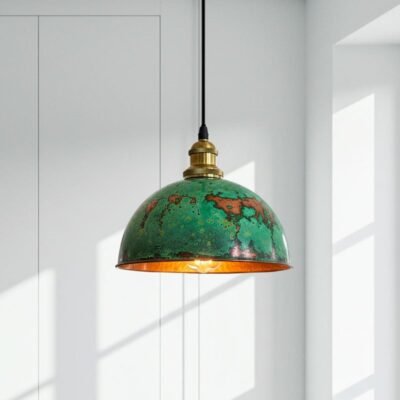 Handcrafted Oxidized Copper Dome Pendant Light - Green Patina Farmhouse Ceiling Fixture