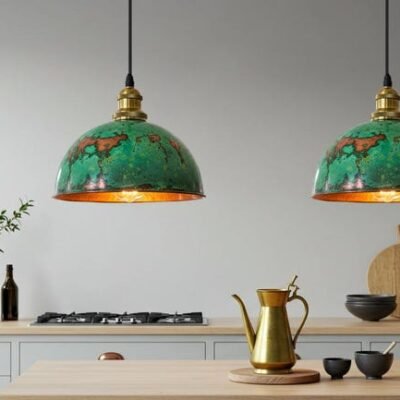 Handcrafted Oxidized Copper Dome Pendant Light - Green Patina Farmhouse Ceiling Fixture