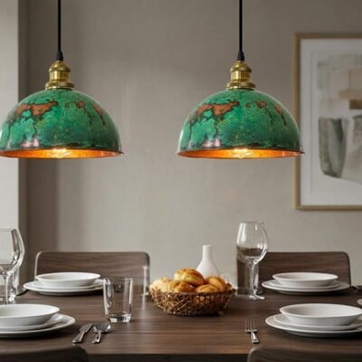 Handcrafted Oxidized Copper Dome Pendant Light - Green Patina Farmhouse Ceiling Fixture