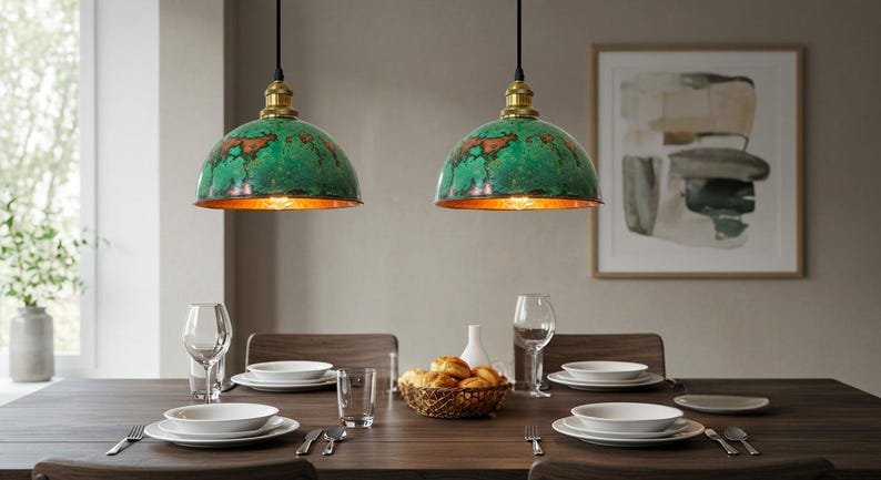 Handcrafted Oxidized Copper Dome Pendant Light - Green Patina Farmhouse Ceiling Fixture