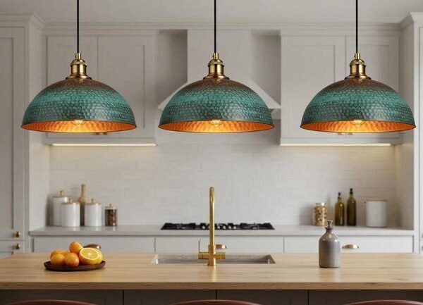 Set of 3 Turquoise Patina Copper Pendant Lights with Brass Accents