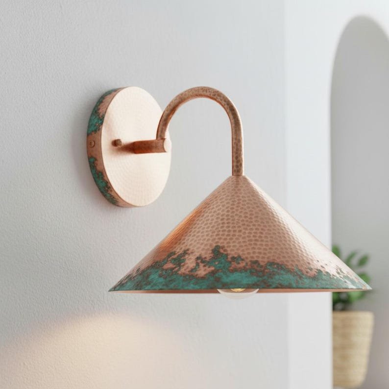 Handmade Rustic Copper Lamp, Wall Sconce Lighting, Industrial Copper Wall Light, Lamp Copper With Green Patina Edge, Farmhouse Wall Sconce