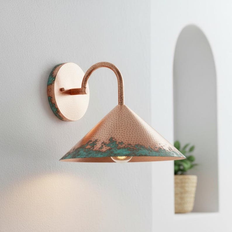 Handmade Rustic Copper Lamp, Wall Sconce Lighting, Industrial Copper Wall Light, Lamp Copper With Green Patina Edge, Farmhouse Wall Sconce