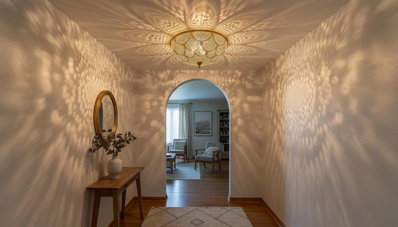 Handmade Moroccan Brass Ceiling Light: Geometric Wall Sconce