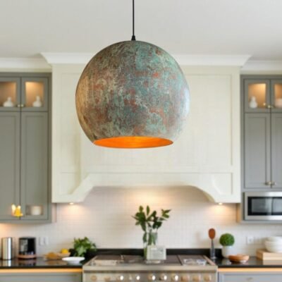 Handmade Green Patina Pendant Light for Kitchen Island – Oxidized Copper Hanging Globe Lamp