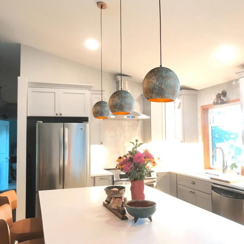 Handmade Green Patina Pendant Light for Kitchen Island – Oxidized Copper Hanging Globe Lamp