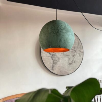 Handmade Green Patina Pendant Light for Kitchen Island – Oxidized Copper Hanging Globe Lamp
