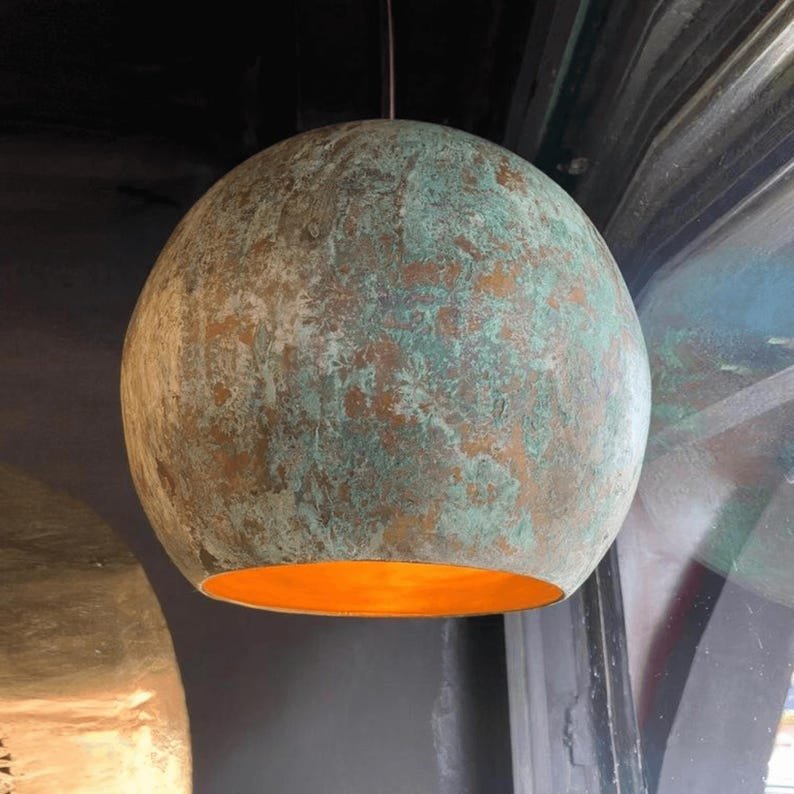 Handmade Green Patina Pendant Light for Kitchen Island – Oxidized Copper Hanging Globe Lamp