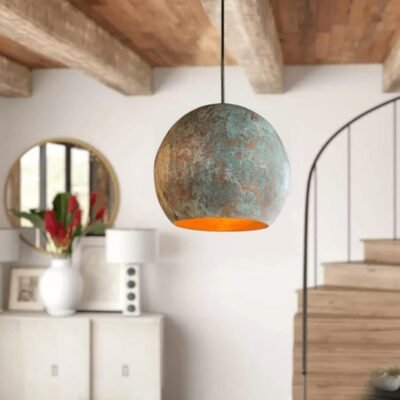 Handmade Green Patina Pendant Light for Kitchen Island – Oxidized Copper Hanging Globe Lamp