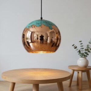 Polished Copper Globe Pendant Light with Green Patina Crown