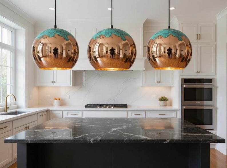 Handmade Copper Pendant Light: Moroccan Globe Lamp with Green Patina