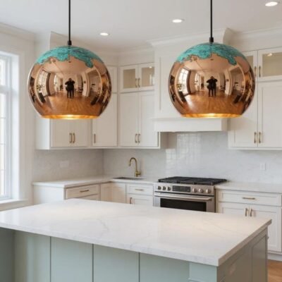 Handmade Copper Pendant Light: Moroccan Globe Lamp with Green Patina