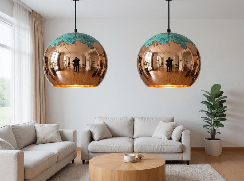 Handmade Copper Pendant Light: Moroccan Globe Lamp with Green Patina