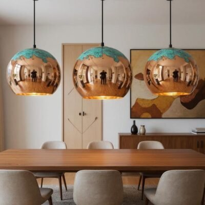 Handmade Copper Pendant Light: Moroccan Globe Lamp with Green Patina