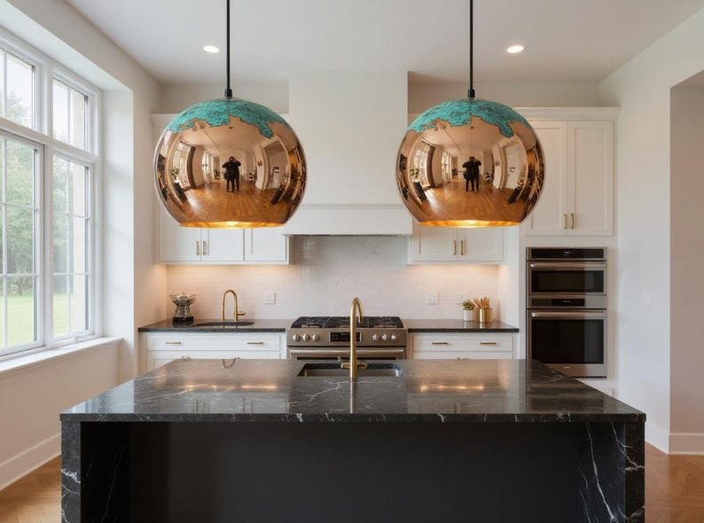 Handmade Copper Pendant Light: Moroccan Globe Lamp with Green Patina