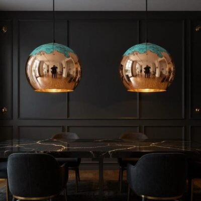 Polished Copper Globe Pendant Light with Green Patina Crown