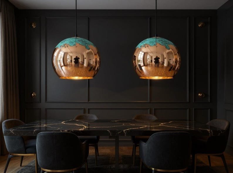 Polished Copper Globe Pendant Light with Green Patina Crown