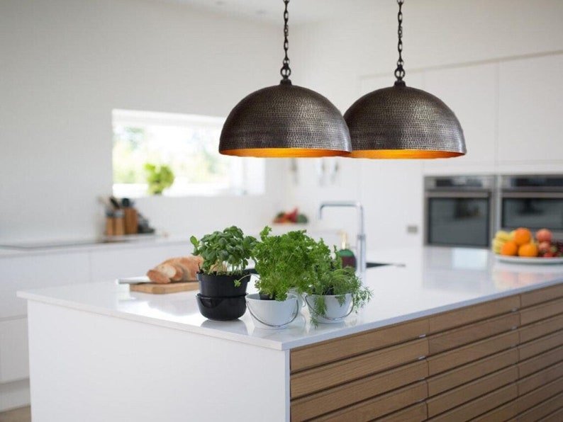Set of 2, Dome Pendant Light,Handmade brass Pendant Lamps,Semi-Circle Black Metal Pendant,Moroccan Ceiling Light. Black outside Gold inside