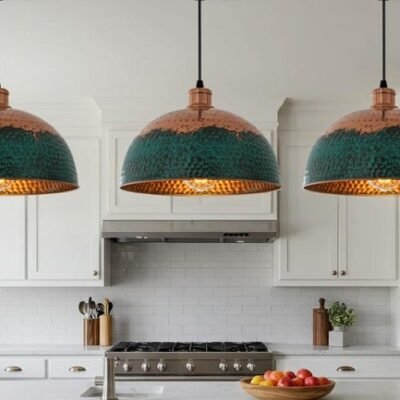 Handmade Copper Dome Pendant Light: Green Patina Farmhouse Lighting