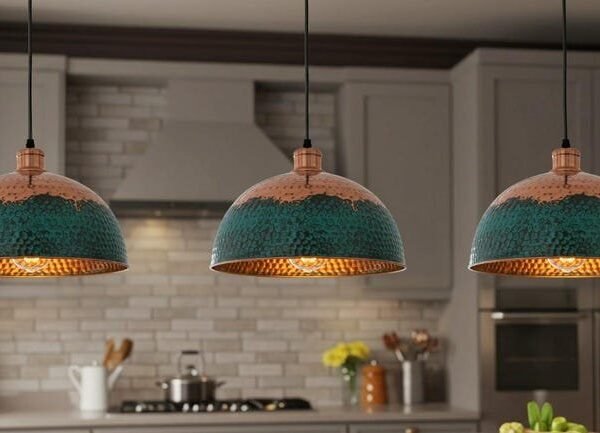 Set of 3 Hammered Green Patina Copper Dome Pendant Lights