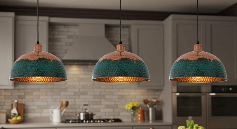 Set of 3 Hammered Green Patina Copper Dome Pendant Lights