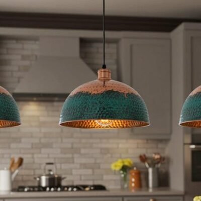 Handmade Copper Dome Pendant Light: Green Patina Farmhouse Lighting