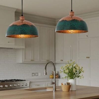 Handmade Copper Dome Pendant Light: Green Patina Farmhouse Lighting