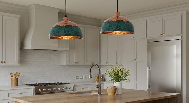 Handmade Copper Dome Pendant Light: Green Patina Farmhouse Lighting