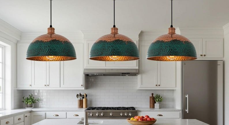Handmade Copper Dome Pendant Light: Green Patina Farmhouse Lighting