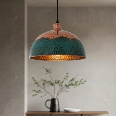 Handmade Copper Dome Pendant Light: Green Patina Farmhouse Lighting