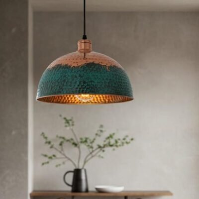 Handmade Copper Dome Pendant Light: Green Patina Farmhouse Lighting