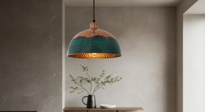 Handmade Copper Dome Pendant Light: Green Patina Farmhouse Lighting